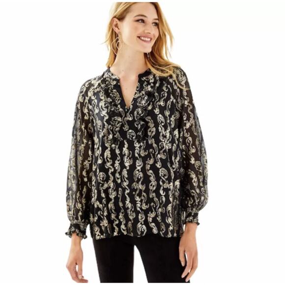 Lilly Pulitzer Tops - Lilly Pulitzer Angelika Long Sleeve Ruffle Blouse Women Sz M Black Gold Metallic